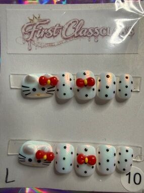 White Hello Kitty Polka Dot Press-On Nails with Red Bow Accents